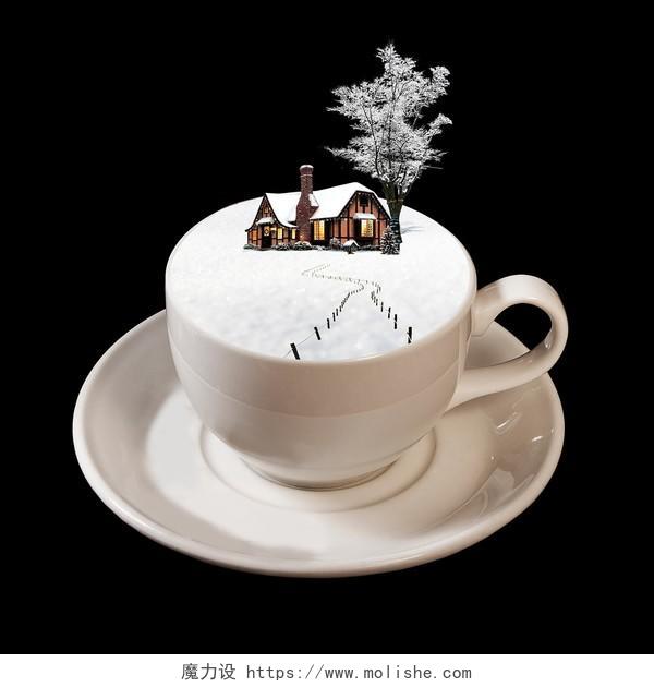 咖啡杯雪景树房子小路